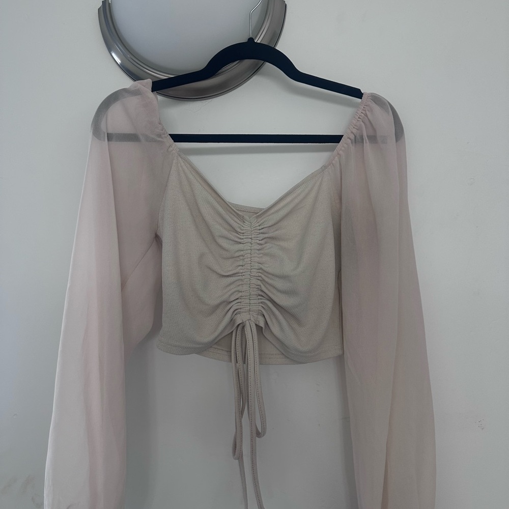 SHEIN Sheer Sleeve Ruched Blouse in Tan